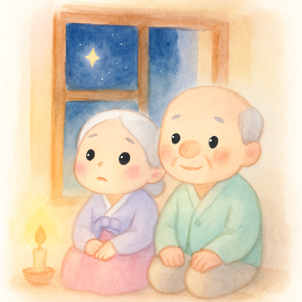 할머니가 아이를 바라며 소원을 빌고, 밤하늘에 별이 반짝이는 장면